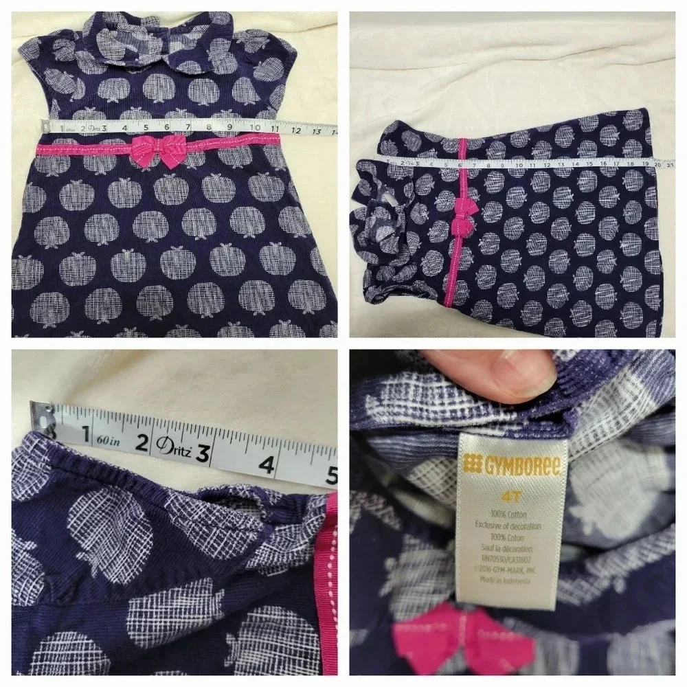Gymboree Girls Size 4T Dress Navy Blue Apples Pink Ribbon Waist